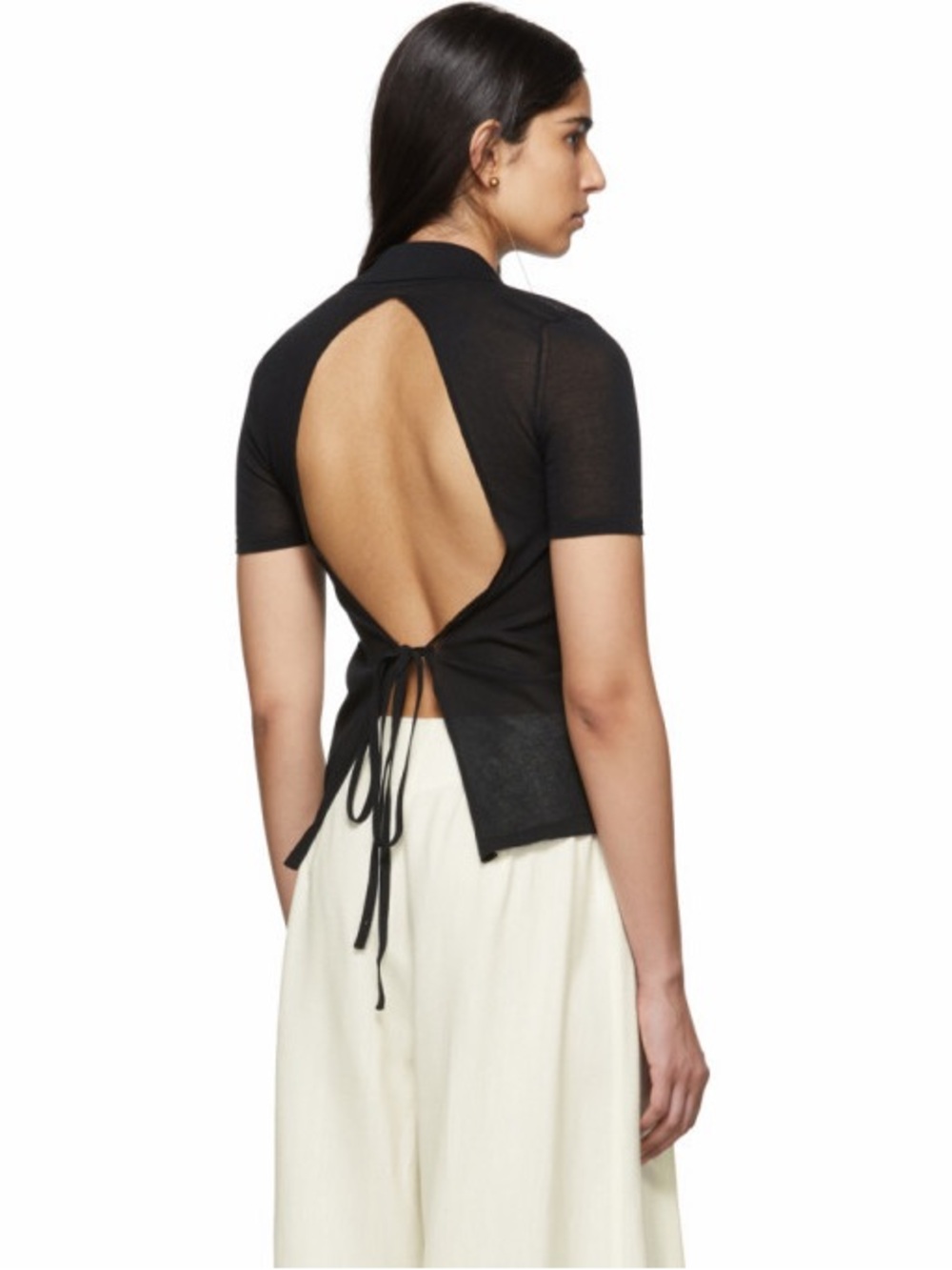 Jacquemus Black Open-Back Sheer Short Sleeve Polo Top - La Maille Marinaio